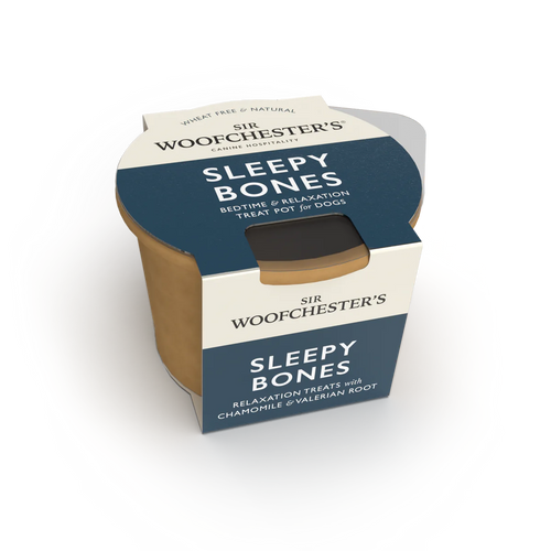 Sir Woofchester’s SLEEPY BONES TREAT POT
BEDTIME & RELAXATION TREATS with CHAMOMILE & VALERIAN ROOT