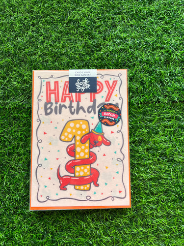 Happy First Birthday Edible Dog Card Bacon flavour